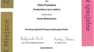 Dyplom dla Chóru Preludium na XVIII Wojewódzkim Konkursie Chórów programu 
