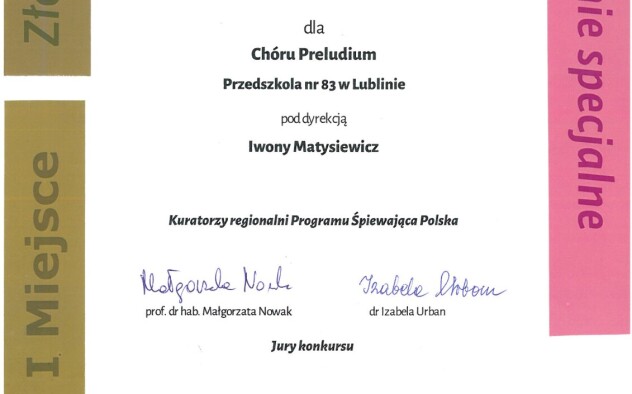 Dyplom dla Chóru Preludium na XVIII Wojewódzkim Konkursie Chórów programu 