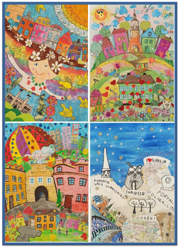 kolaż z czterech kolorowych rysunków budynki Lublina, ptaki, niebo, kwiaty, kolorowa kobieta, fragmenty map Lublina
